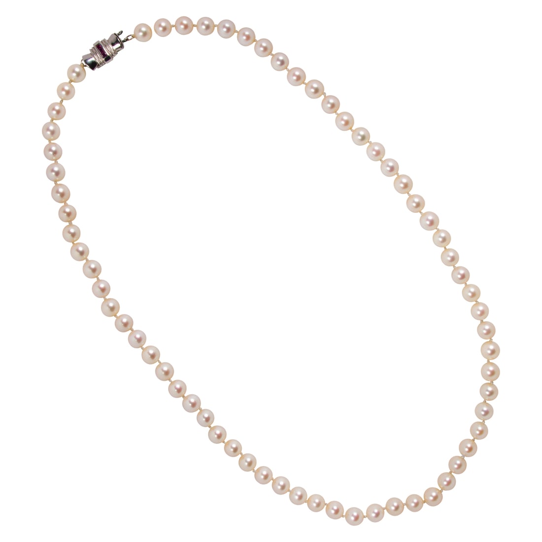 A cultured pearl, ruby, and 14k white gold necklace (1 of 2)