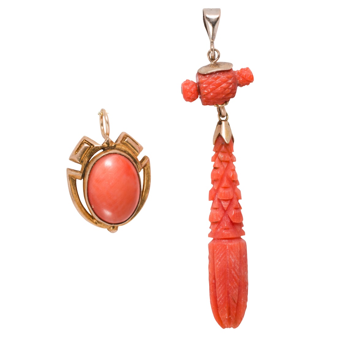 An antique coral, 9k, and 10k gold pendant and pendant necklace: An antique coral, 9k, and 10k gold pendant and pendant necklaceComprising one intricately carved coral pendant set within 9k gold, together with a coral and 10k gold pendant necklace designed with an