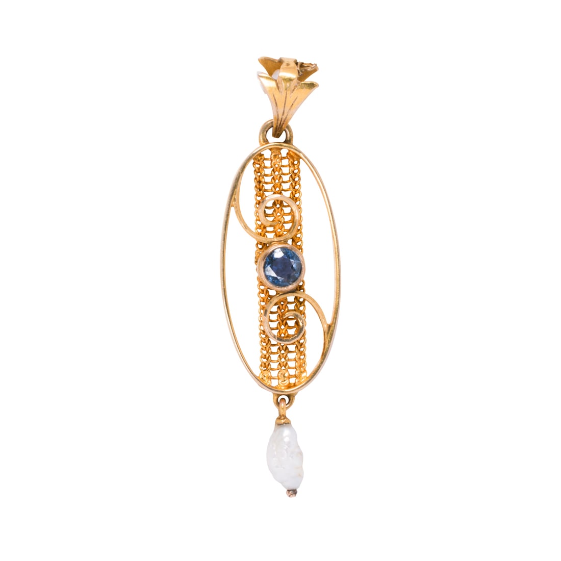 An antique sapphire, cultured pearl, and 14k gold lavalier pendant: An antique sapphire, cultured pearl, and 14k gold lavalier pendantOf open-form mesh design, set with one round-cut sapphire and one baroque cultured pearl; length: 1 1/2 in; 1.10 grams
