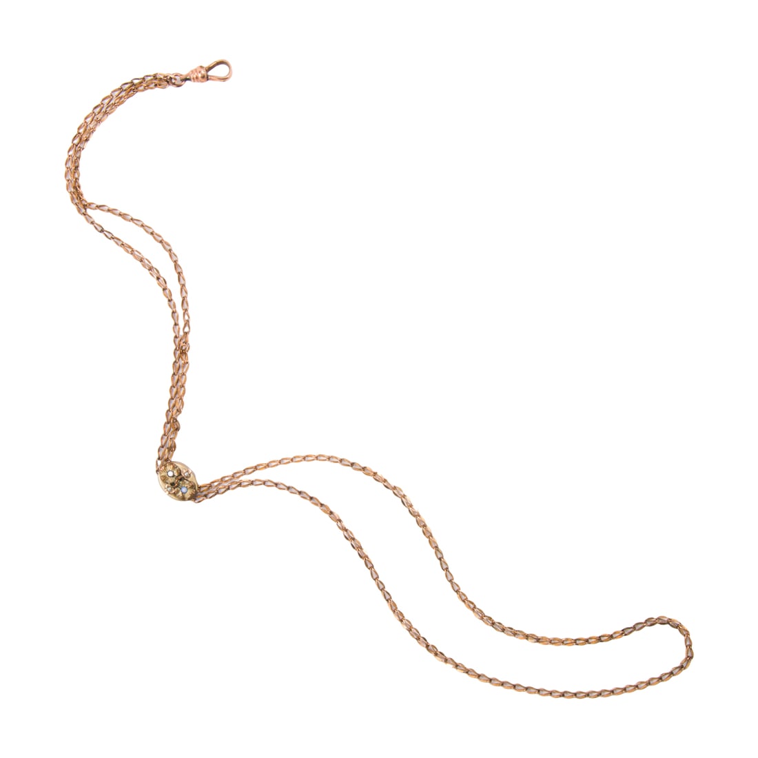 A Victorian opal and pearl gold-filled watch chain: A Victorian opal and pearl gold-filled watch chainFeaturing a slide pendant designed as two flowers, set with two round-shaped opal cabochons measuring 1.52 mm and two seed pearls; length: 14 in; 6.45