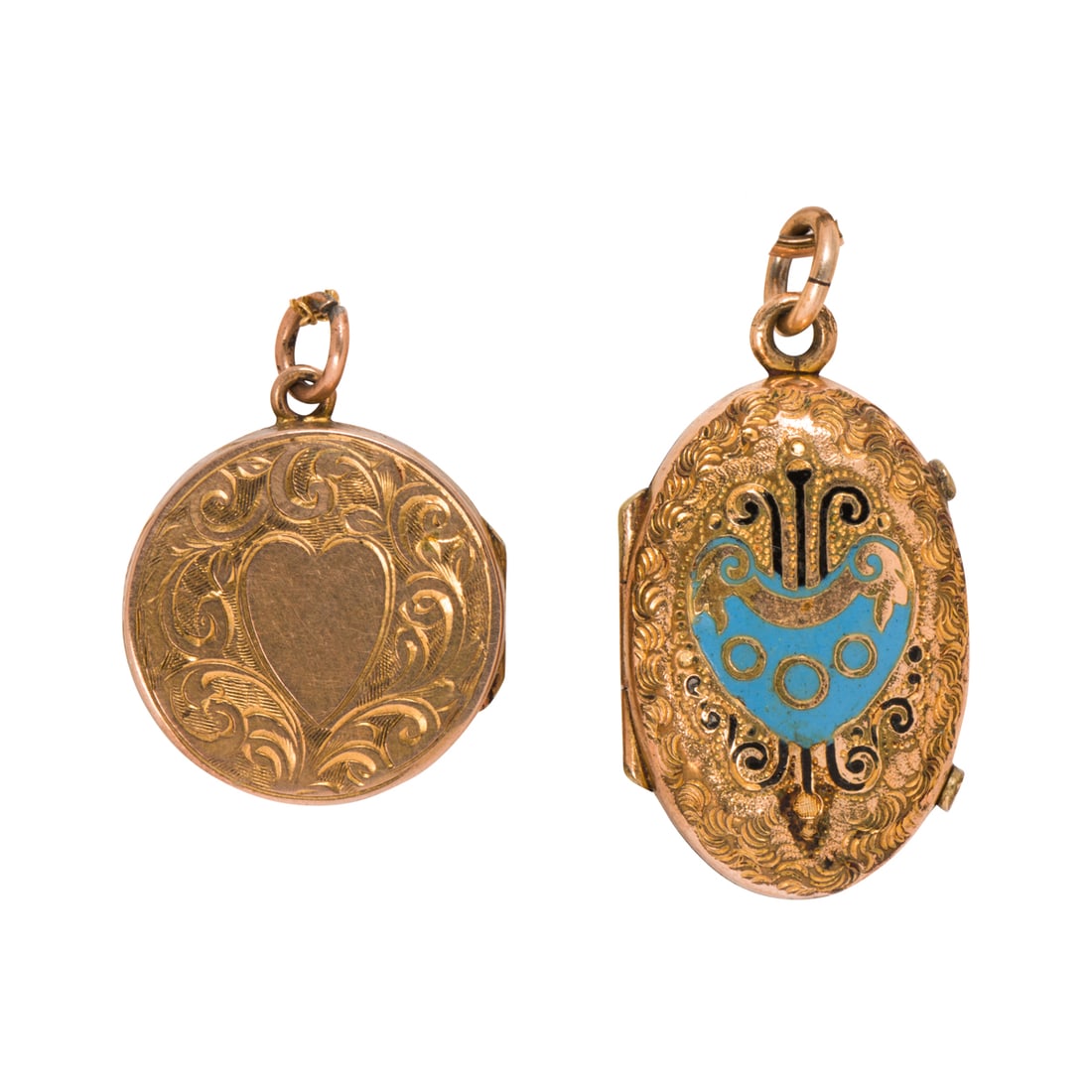 Two Victorian gold-filled lockets: Two Victorian gold-filled locketsFeaturing ornate etching, with one designed with enamel accents; lengths: 1 1/4 and 5/8 in; gross weight: 9.25 grams