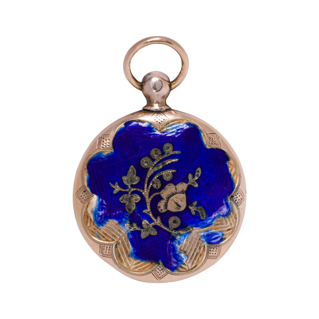 A Victorian enamel and 14k gold locket: A Victorian enamel and 14k gold locketFeaturing symmetrically designed etching on one side and botanical style champleve enameling on the other, containing a photograph and dried flowers; length: 1 5/
