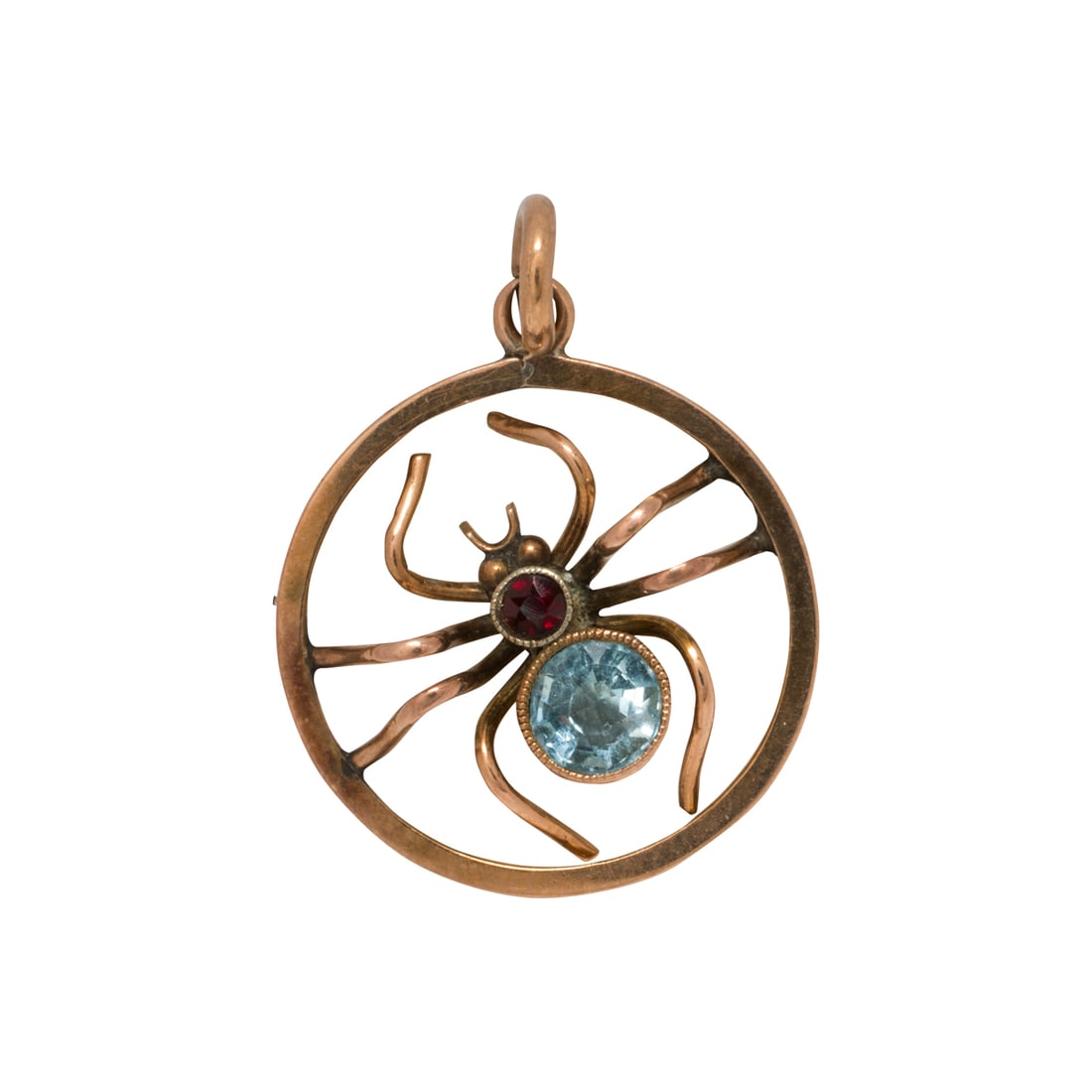 An antique aquamarine, garnet, and 10k rose gold spider pendant (1 of 1)