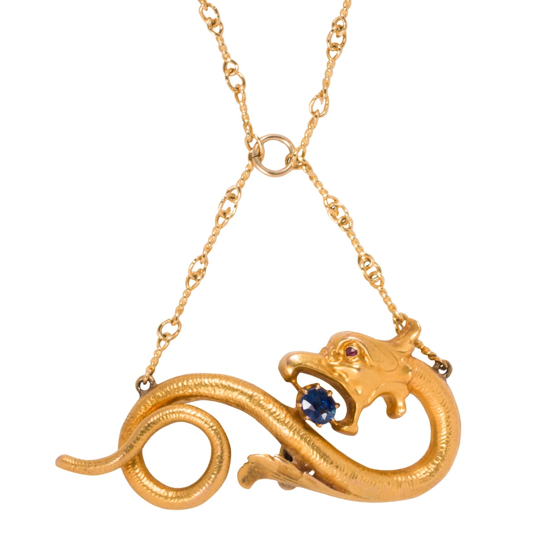 A sapphire, ruby, and 14k gold dragon necklace (1 of 2)