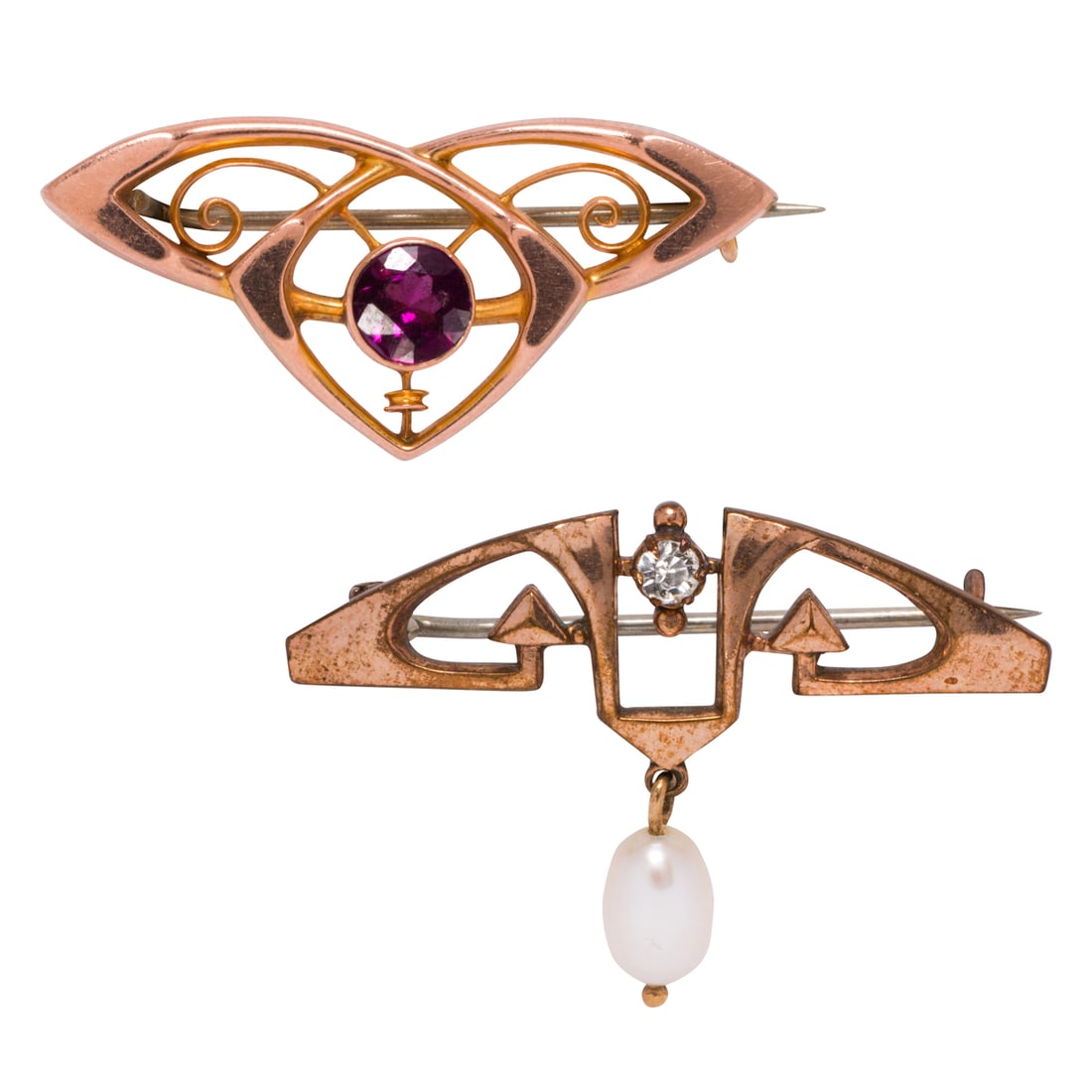 Two gemstone and cultured pearl gold-filled pins: Two gemstone and cultured pearl gold-filled pinsOf open-form symmetrical design, one set with an oval-shaped sapphire and a seed pearl, one set with a round-cut transparent stone and one baroque cultu