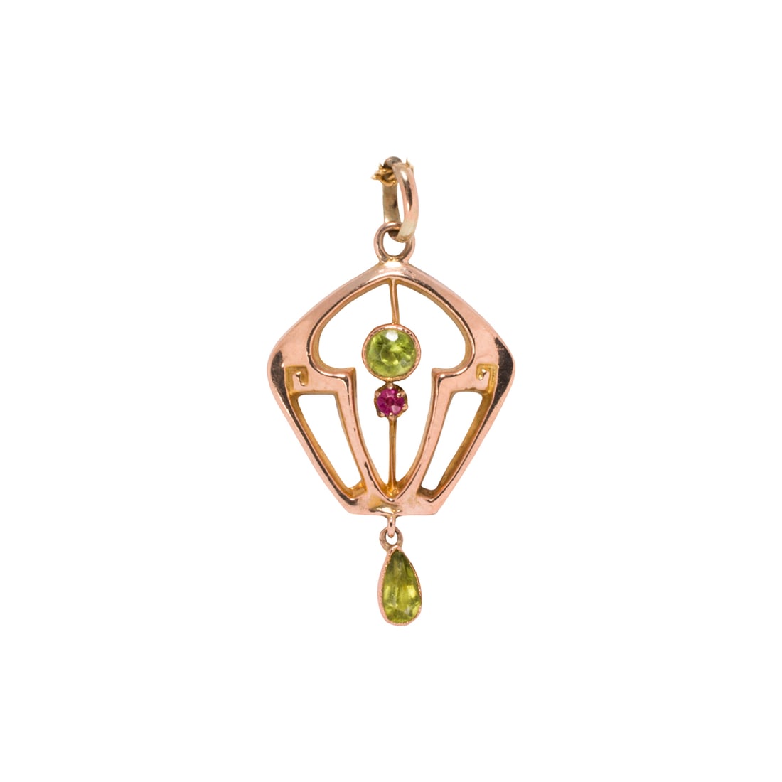 An Art Noveau peridot, ruby, and 9k gold lavalier pendant (1 of 1)