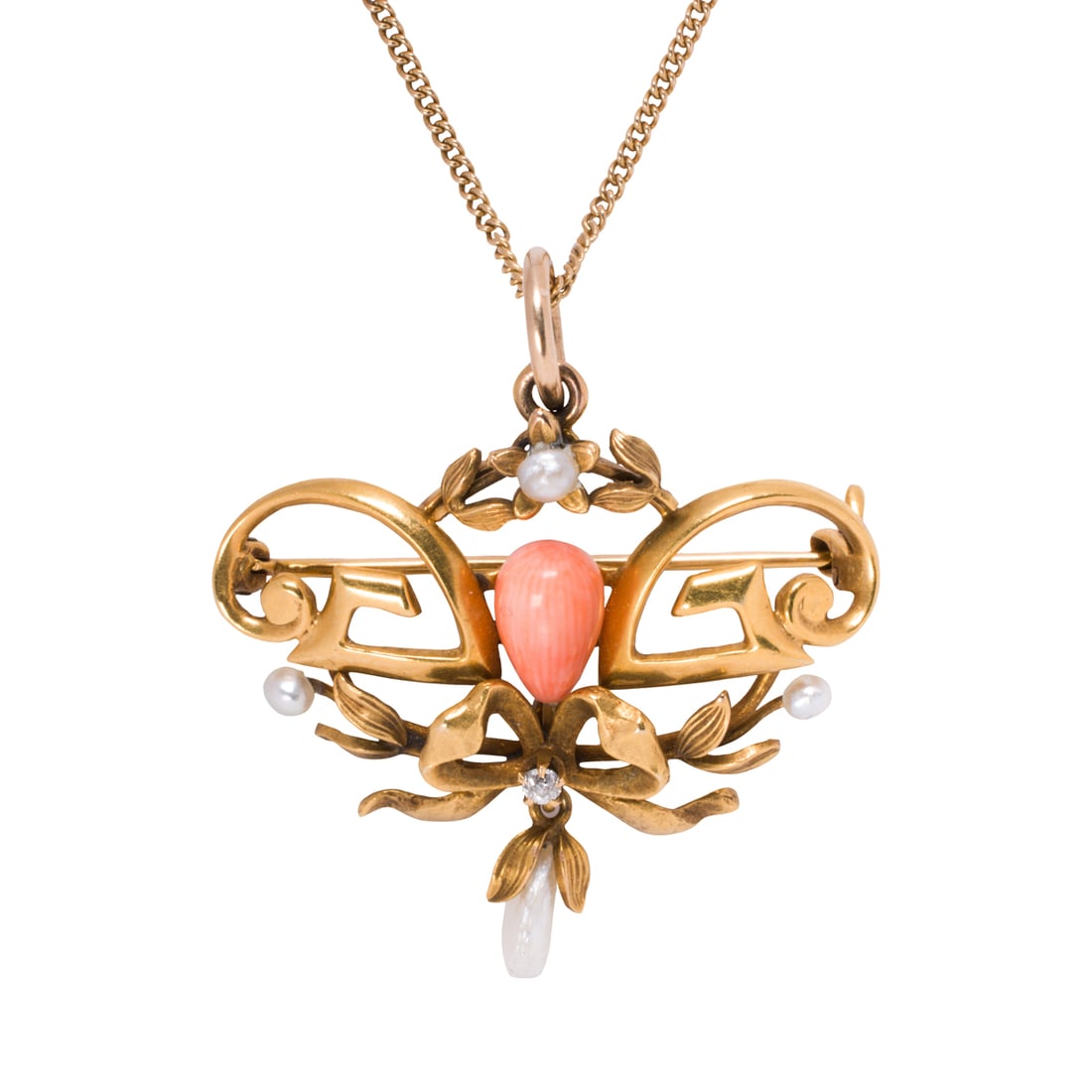 An antique coral, cultured pearl, diamond, and 14k gold pendant necklace: An antique coral, cultured pearl, diamond, and 14k gold pendant necklaceThe brooch-pendant of open-form lavalier style, set with one droplet-shaped coral bead measuring 5.39 x 8.44 mm, four cultured p