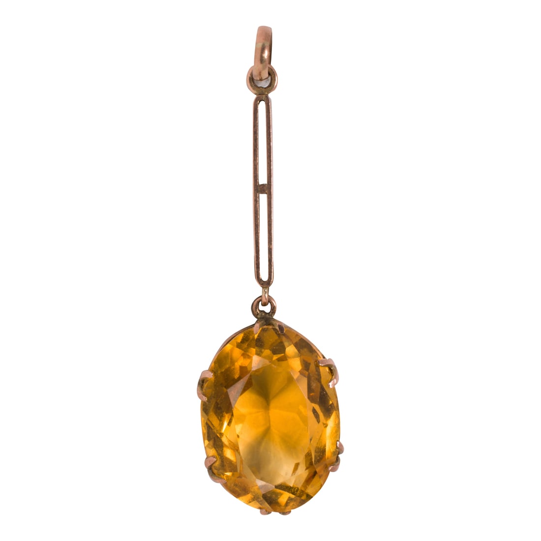 An antique citrine and 9k gold pendant: An antique citrine and 9k gold pendantfeaturing an oval-shaped citrine measuring approximately 17.41 x 12.86 x 8.60 mm; length: 1 3/4 in.; 3.76 grams