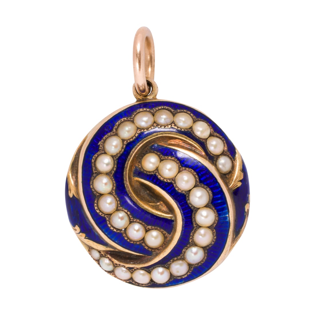 An antique half pearl, enamel and 14 gold locket pendant: An antique half pearl, enamel and 14 gold locket pendantthe circular pendant adorned with interlocking 'c' of half pearls and blue enamel, the reverse with glass covered memento; length: 1 3/8 in.; 6.