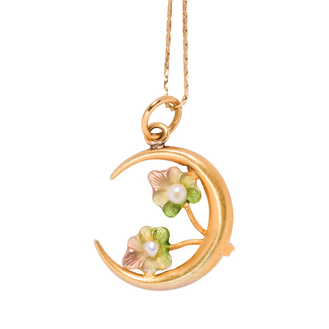 An Art Nouveau pearl, enamel, and 14k gold pendant necklace (1 of 2)