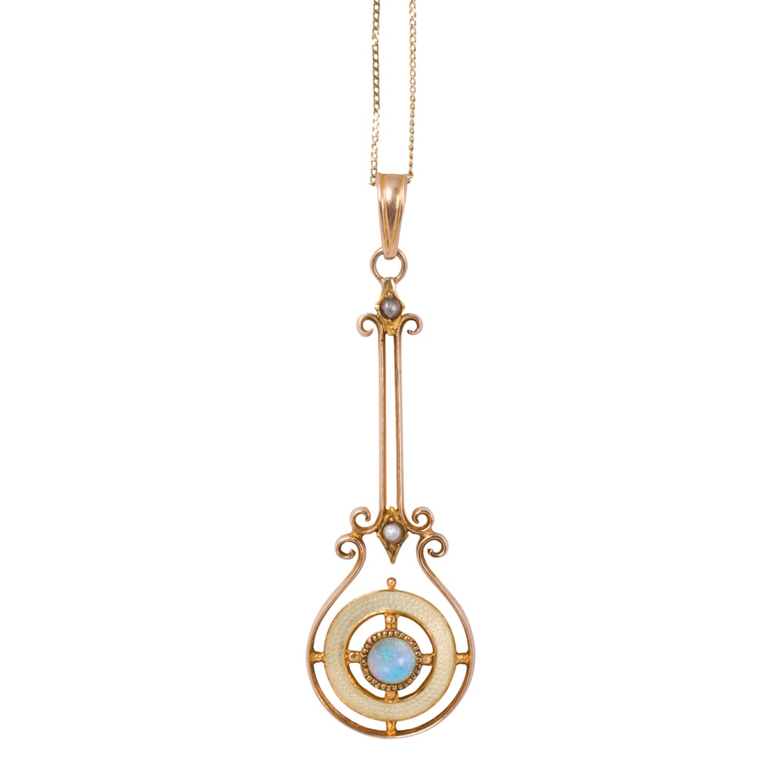 An Art Nouveau opal, pearl, enamel, 9k and 10k gold pendant necklace: An Art Nouveau opal, pearl, enamel, 9k and 10k gold pendant necklaceOf open-form lavalier design, featuring a round-cut opal cabochon measuring 3.97 mm, framed within ivory-colored champleve enamel an