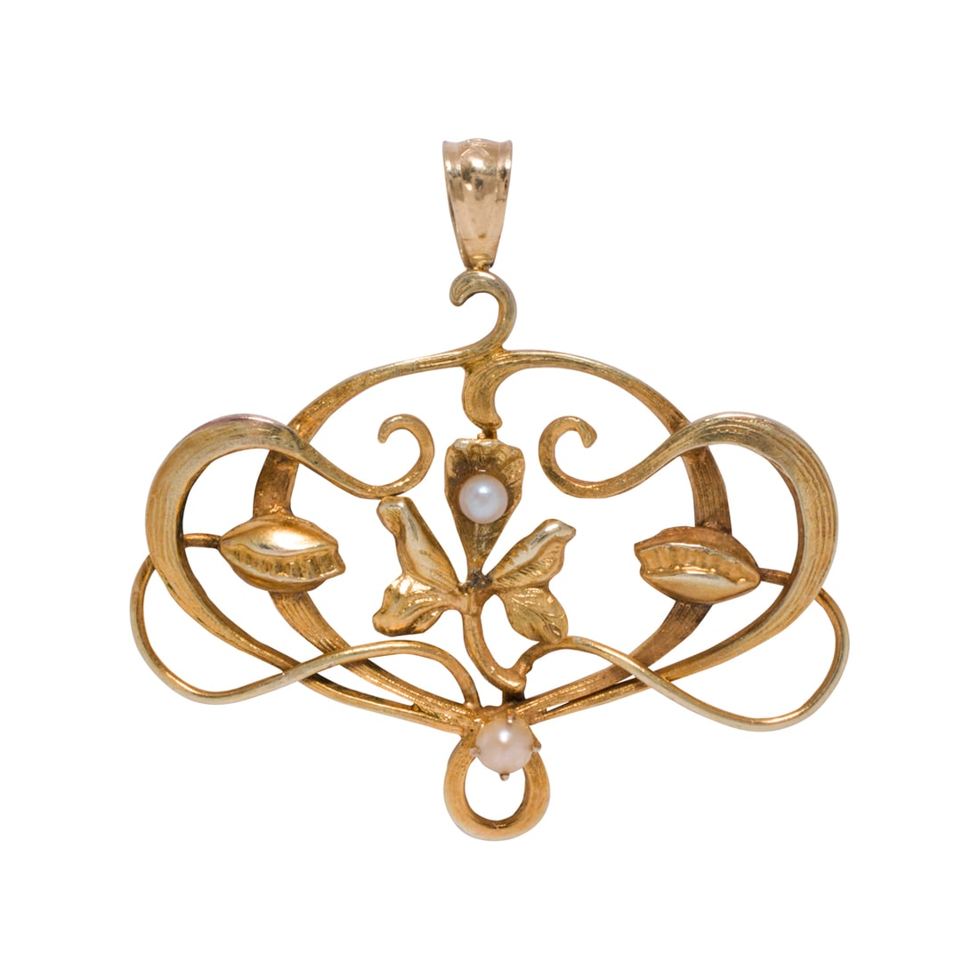 An Art Nouveau seed pearl and 10k gold pendant: An Art Nouveau seed pearl and 10k gold pendantOf open-form botanical design, centering a flower with venus fly-traps on either side, accented by two seed pearls; length: 1 1/8 in; 1.60 grams