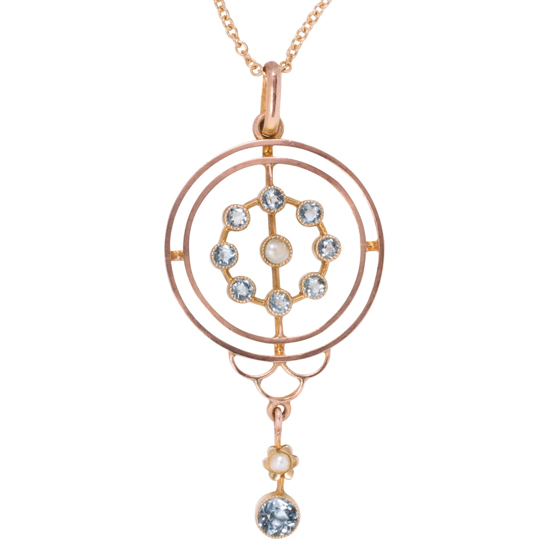 An Art Nouveau aquamarine, pearl, 9K gold, and gold-filled pendant necklace (1 of 2)