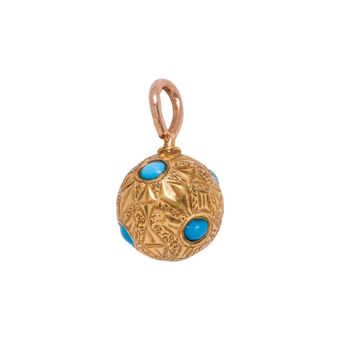 An antique turquoise and 18k gold pendant: An antique turquoise and 18k gold pendantOf ball-form design, set with six round-shaped turquoise cabochons measuring 2.86 mm, accented by ornate geometric etching; length: 3/4 in; 2.10 grams