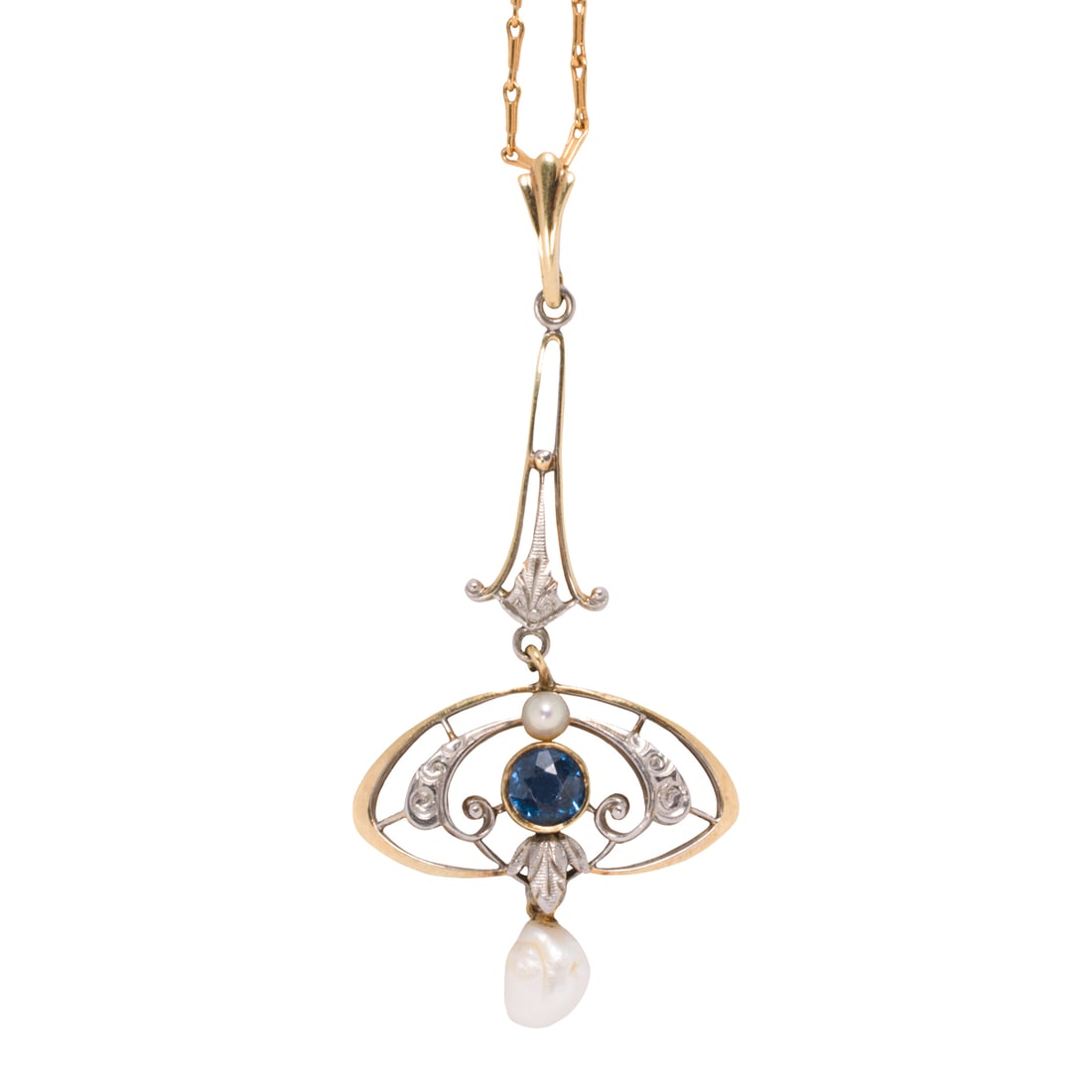 An Art Nouveau sapphire pearl, platinum-topped 14k white gold, and 18k gold pendant necklace: An Art Nouveau sapphire pearl, platinum-topped 14k white gold, and 18k gold pendant necklace The platinum-topped gold pendant of open-form lavalier design, centering a round-cut sapphire and accented 