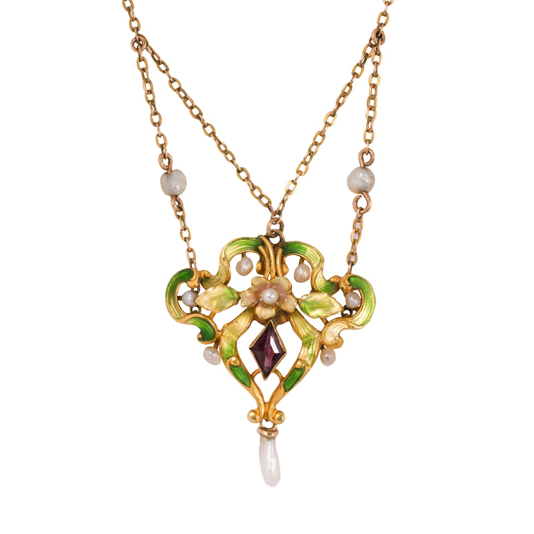 An Art Nouveau pearl, gemstone, enamel, and 10k gold lavalier necklace: An Art Nouveau pearl, gemstone, enamel, and 10k gold lavalier necklaceOf intricate, open-form scrolling design, centering a seed pearl-set flower, accented by green champleve enamel and one fancy-cut