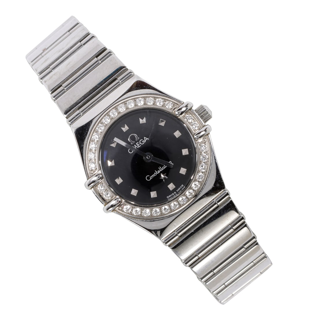 An Omega Constellation' My Choice' stainless steel ladies wristwatch: An Omega Constellation' My Choice' stainless steel ladies wristwatchSerial: 57899935Ref: 6563/875The navy blue face, silver-tone baton hands and indices, within round brilliant-cut diamond set bezel o