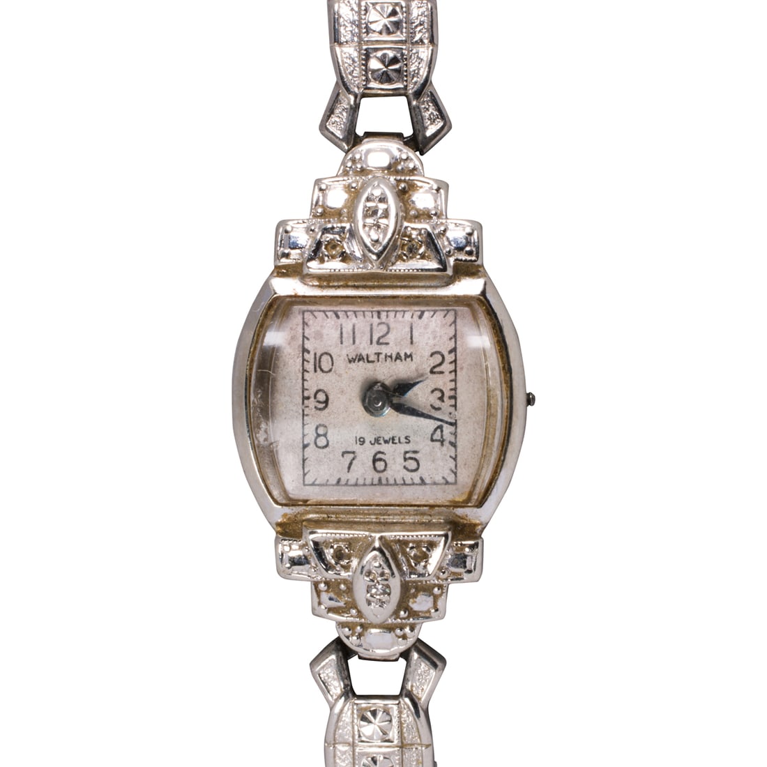 A Waltham diamond, 14k white gold, and stainless steel cocktail watch: A Waltham diamond, 14k white gold, and stainless steel cocktail watchCase no.: 625719Movement no.: 099172The white tone face, black Arabic numerals, blue dauphine hands, within 14k white gold case set