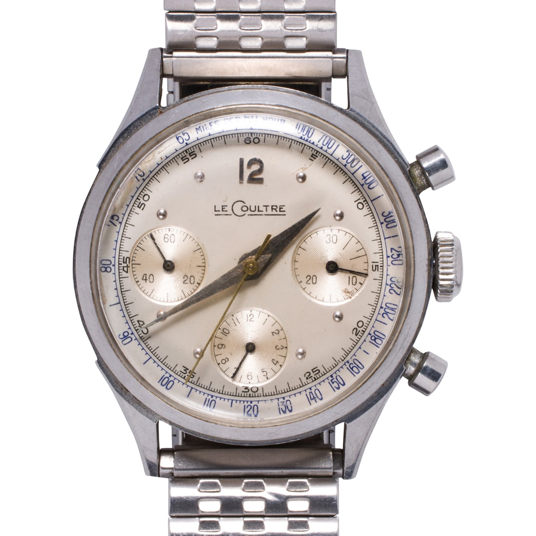 A stainless steel Le Coultre Valjoux 72 Chronograph watch: A stainless steel Le Coultre Valjoux 72 Chronograph watchCase no.: 204273 The champagne-tone face, silver-tone mixed indices, silver-tone dauphine hands, three subsidiary dials, within stainless steel