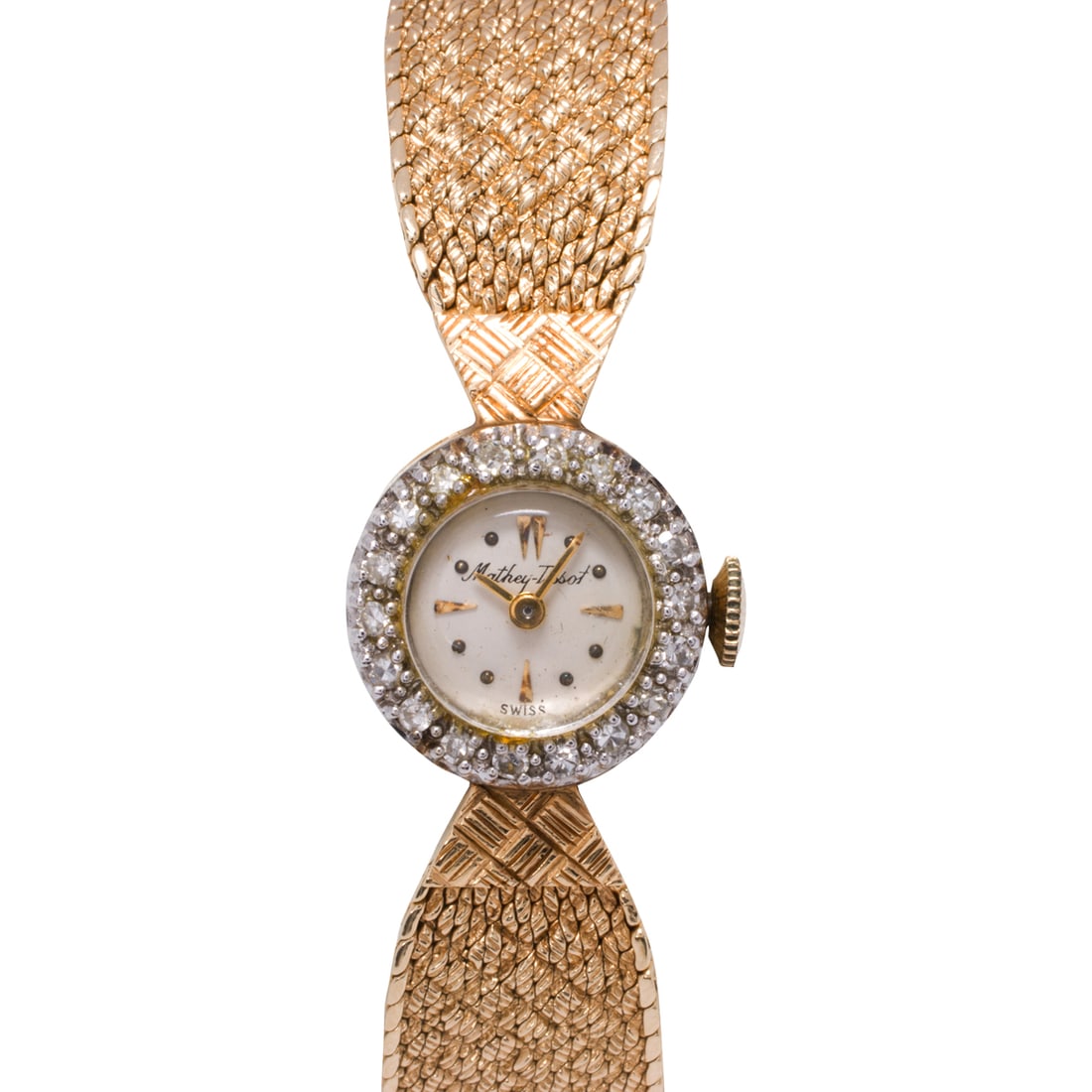 A Mathey-Tissot diamond and 14k gold dress watch: A Mathey-Tissot diamond and 14k gold dress watchCase no.: 800755The cream-tone face, gold mixed indices, gold baton hands, within polished 14k gold case set with 18 round-cut diamonds, containing a 17