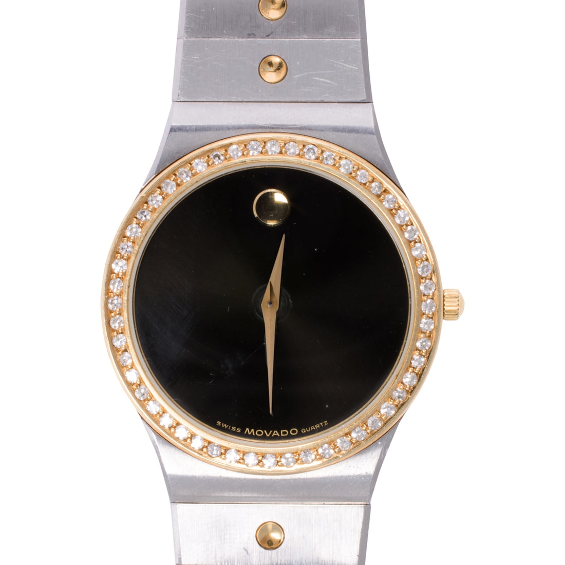 A Movado diamond and stainless steel watch: A Movado diamond and stainless steel watchSerial no.: 85.41.876Case no.: 172493The black face, no indices, gold-tone dauphine hands, within stainless steel case set with 52 single-cut diamonds weighin