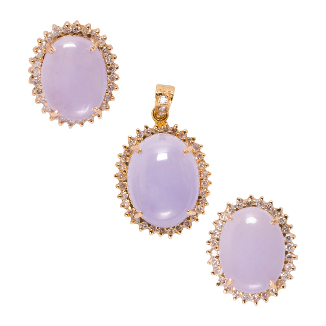 A lavender jadeite, diamond and 18k gold pendant and earrings (1 of 1)
