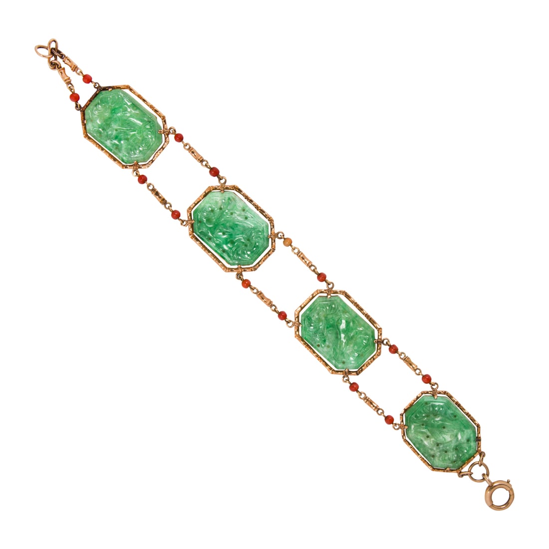 A jade, coral, and 14k rose gold bracelet: A jade, coral, and 14k rose gold braceletFeaturing four hexagonal carved jade tablets, set within bamboo-form 14k gold frames and accented by round-shaped coral beads measuring 2.89 mm; length: 7 1/2
