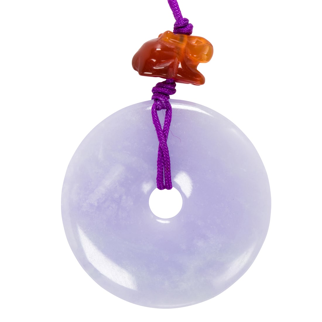 A lavender jade and agate necklace: A lavender jade and agate necklaceComprising a lavender jade bi disc measuring approximately 1 1/2 in across, together with a carved agate rabbit on purple cord; length: 28 in; 16.20 grams