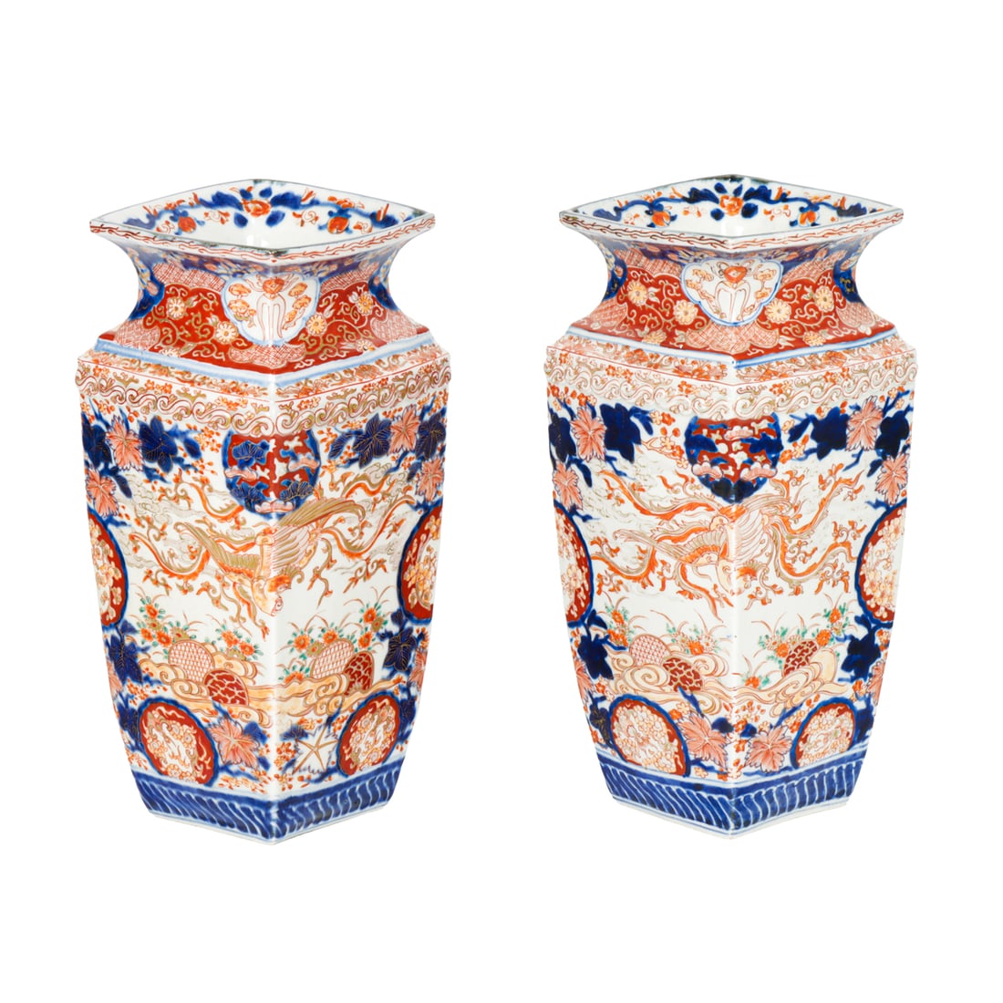 (lot of 2) Japanese Imari square form vases: (lot of 2) Japanese Imari square form vases. Featuring blossoming branches and floral sprats, Meiji period, 12.5" high.