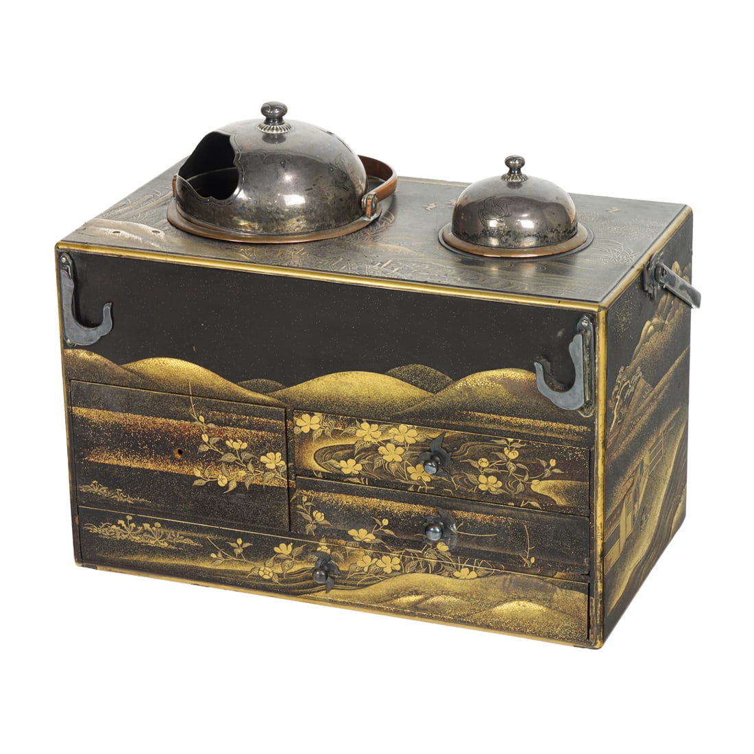 A Japanese gilt lacquer tabako-bon (smoking set) with silver hardware: A Japanese gilt lacquer tabako-bon (smoking set) with silver hardware. Meiji period, 8"h x 9.5"w x 5.5"d.