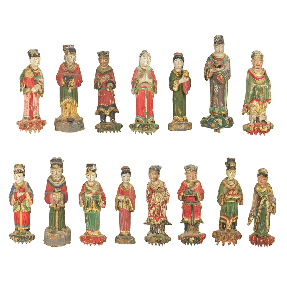 (lot of 15) Chinese polychrome painted wood Daoist figures (1 of 3)