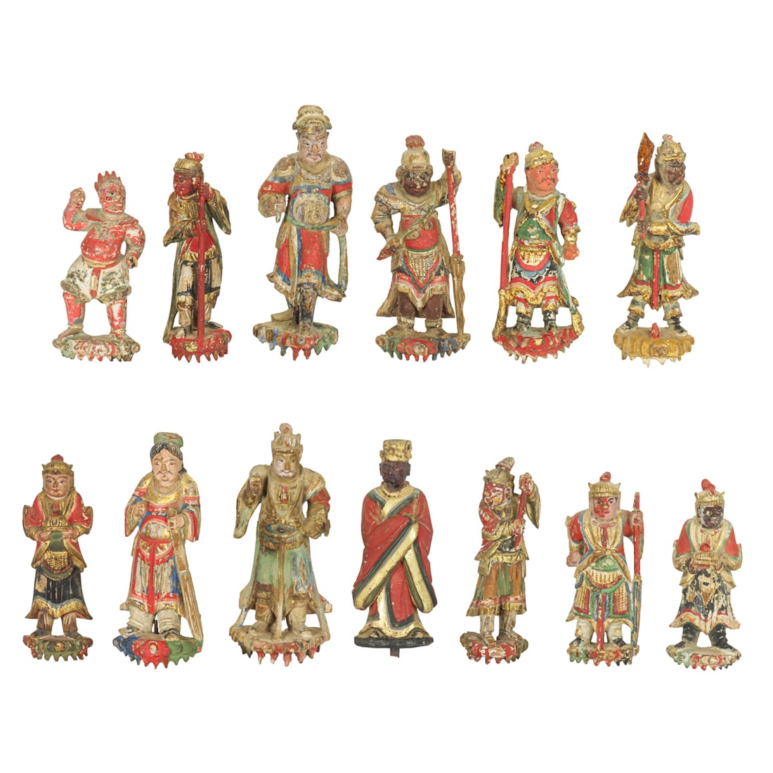 (lot of 13) Chinese polychrome painted wood Daoist figures (1 of 3)