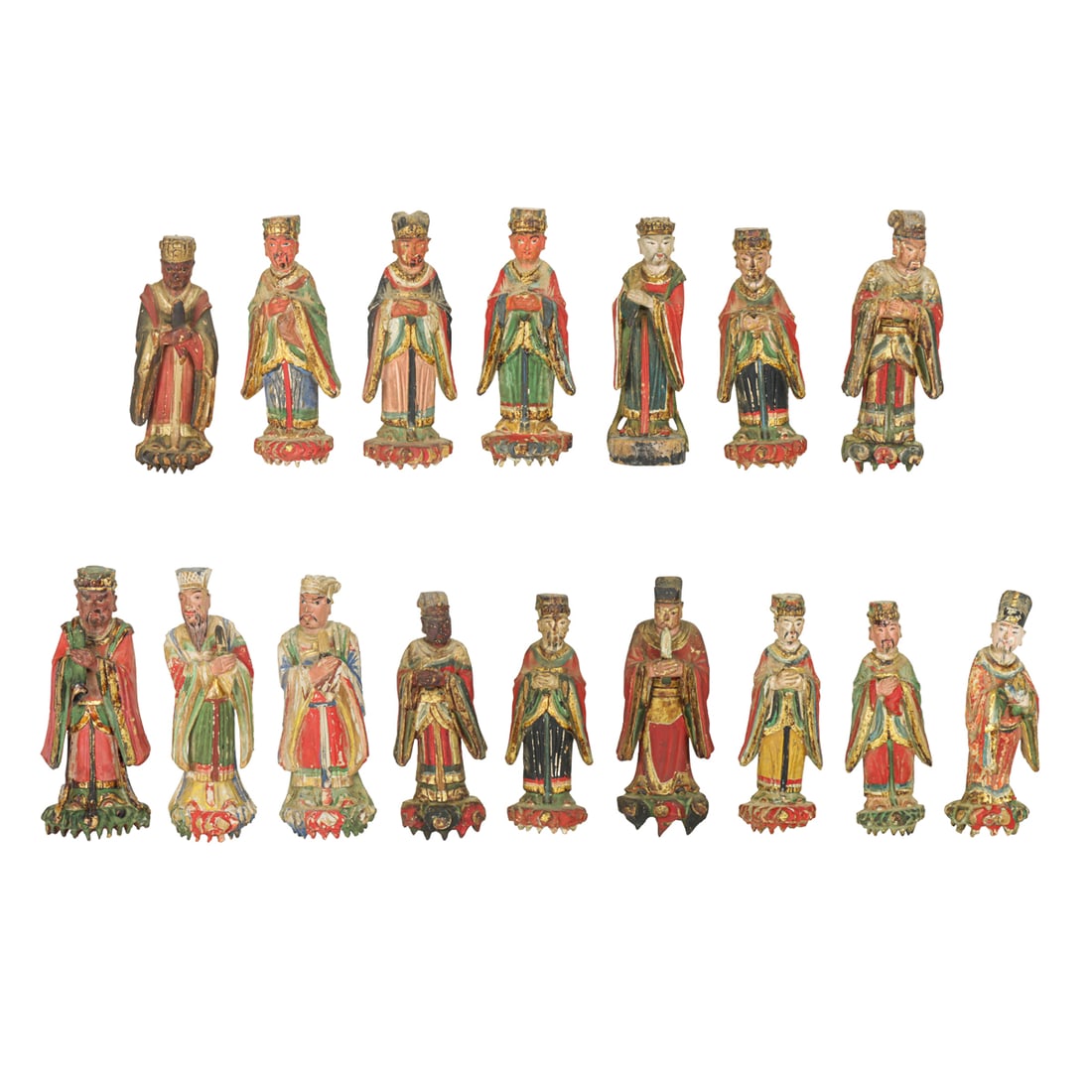 (lot of 16) Chinese polychrome painted wood Daoist figures (1 of 3)