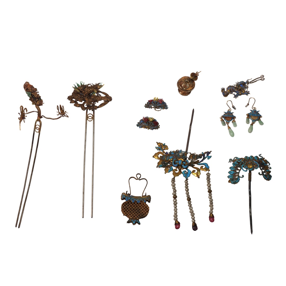 (lot of 11) Chinese gilt silver hairpins, earrings and accessories: (lot of 11) Chinese gilt silver hairpins, earrings and accessories. Featuring flower basket, insects, dragon, and floral motifs, 19th century, from 1.25" to 7.5" across.