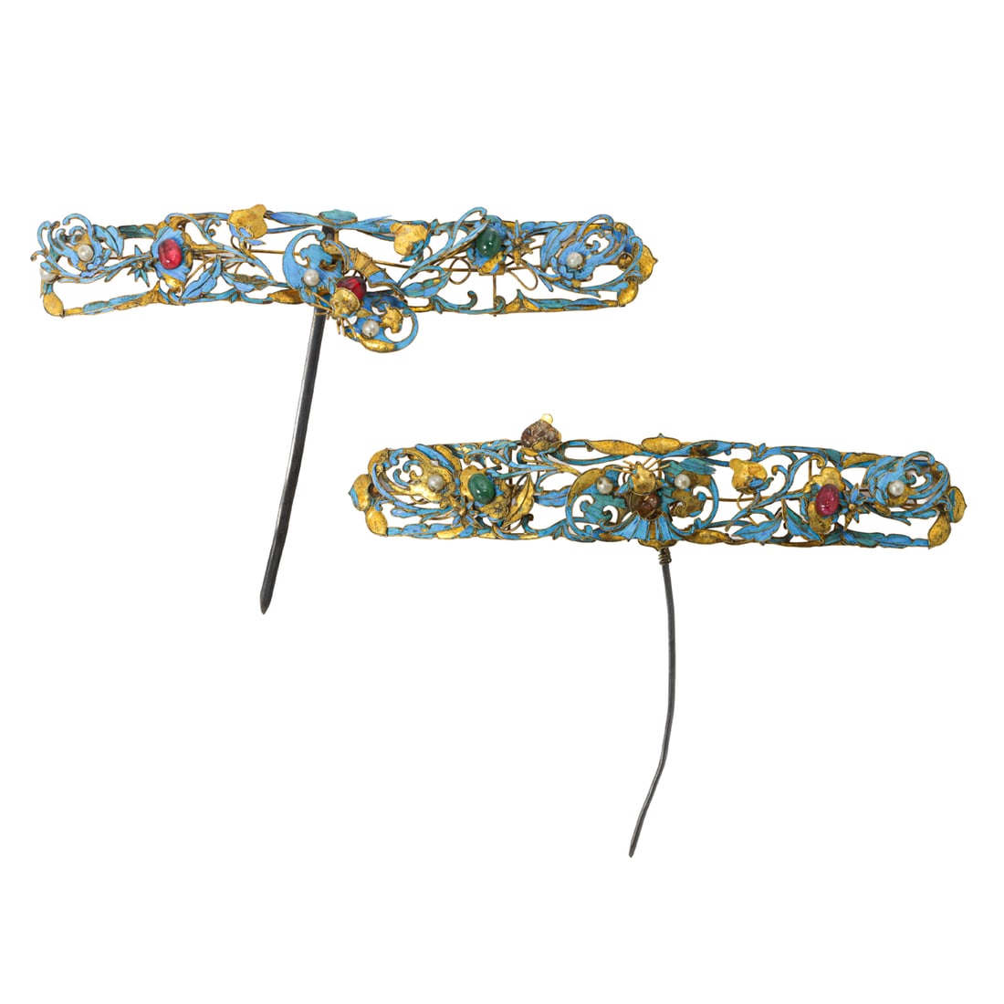 A pair of Chinese gilt silver and kingfisher feather inlaid hair pins (1 of 3)
