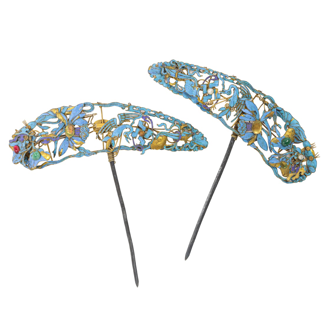 A pair of Chinese gilt silver and kingfisher feather inlaid hair pins (1 of 3)