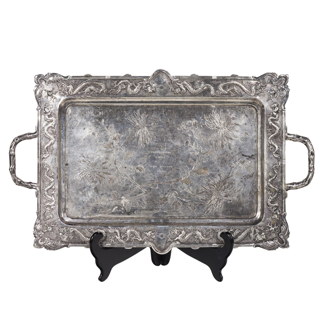 A Chinese export sterling silver handled tray (1 of 4)