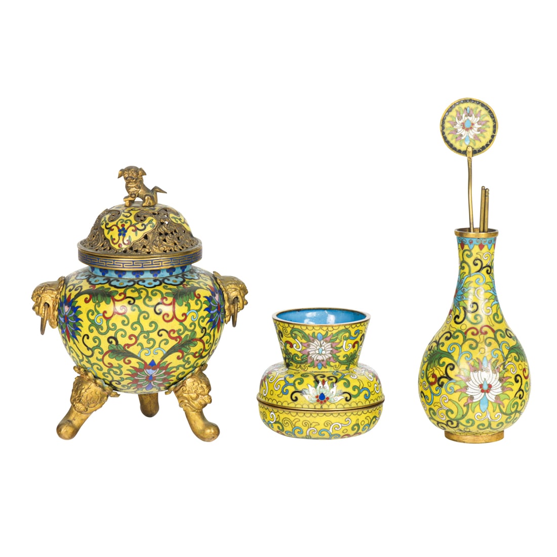 (set of 3) Chinese yellow ground cloisonne enamel objects: (set of 3) Chinese yellow ground cloisonne enamel objects. Featuring lotus design, Republic period, from 3" to 6.875" high.