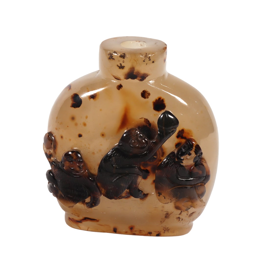 A Chinese cameo agate 'three monkey' snuff bottle (1 of 2)