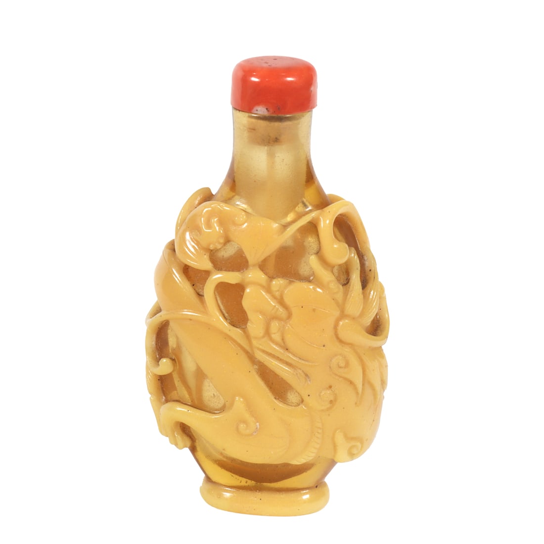 A Chinese yellow overlay amber glass 'dragon and bat' snuff bottle: A Chinese yellow overlay amber glass 'dragon and bat' snuff bottle. Yangzhou school, 2.875" across.