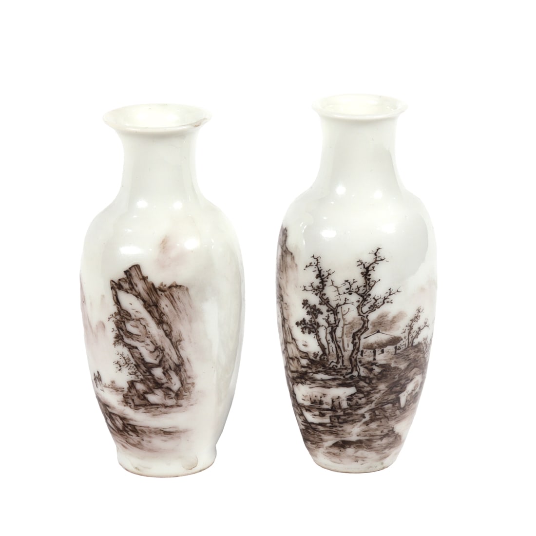 A pair of Chinese grisaille painted miniature vases: A pair of Chinese grisaille painted miniature vases. Featuring mountainous river landscapes, signed 'Wu Guojun', dated 1947, 2.875" high.