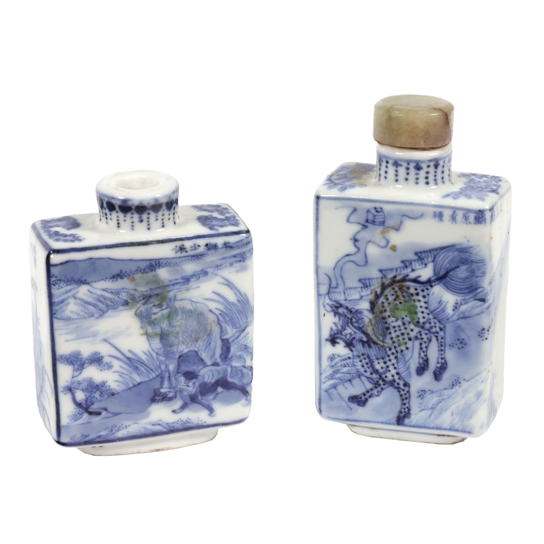 (lot of 2) Chinese blue and white rectangular form snuff bottles: (lot of 2) Chinese blue and white rectangular form snuff bottles. Each side depicting different animal motifs, Republic period, from 2.5" to 3.125" high.