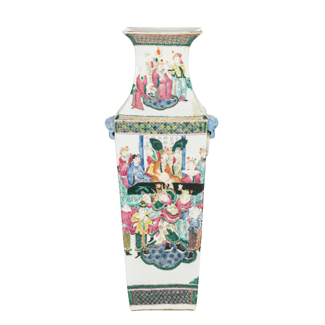 A Chinese famille rose 'warrior' square from vase: A Chinese famille rose 'warrior' square from vase. Late Qing period, 22.5" high. Condition: chipped mouth. Provenance: A. Burlingame Johnson (c. 1856-1934) collection, now offered by his descendant.