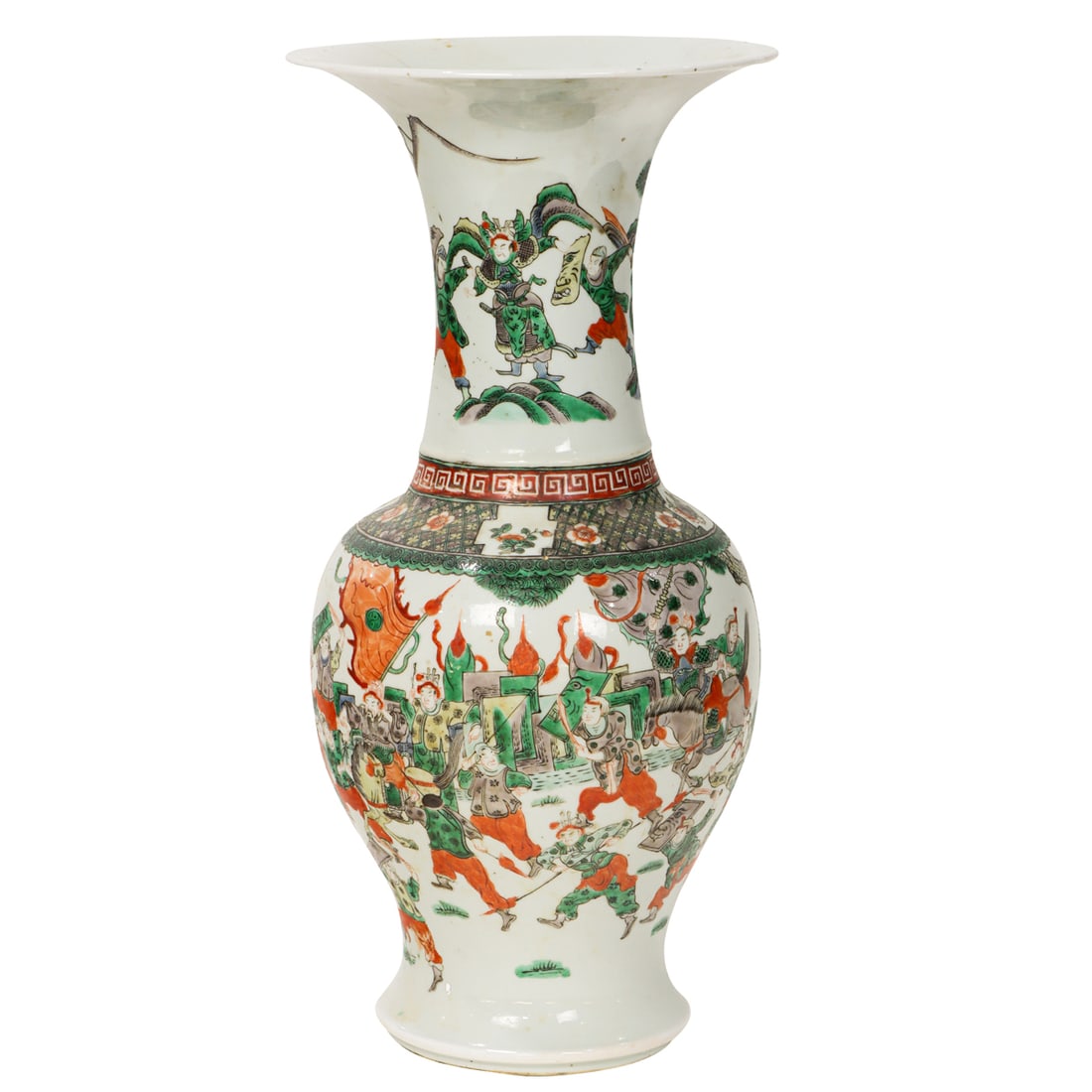 A Chinese famille verte "warrior" phoenix tall vase: A Chinese famille verte "warrior" phoenix tall vase. Late Qing period, 17.5" high. Provenance: A. Burlingame Johnson (c. 1856-1934) collection, now offered by his descendant.