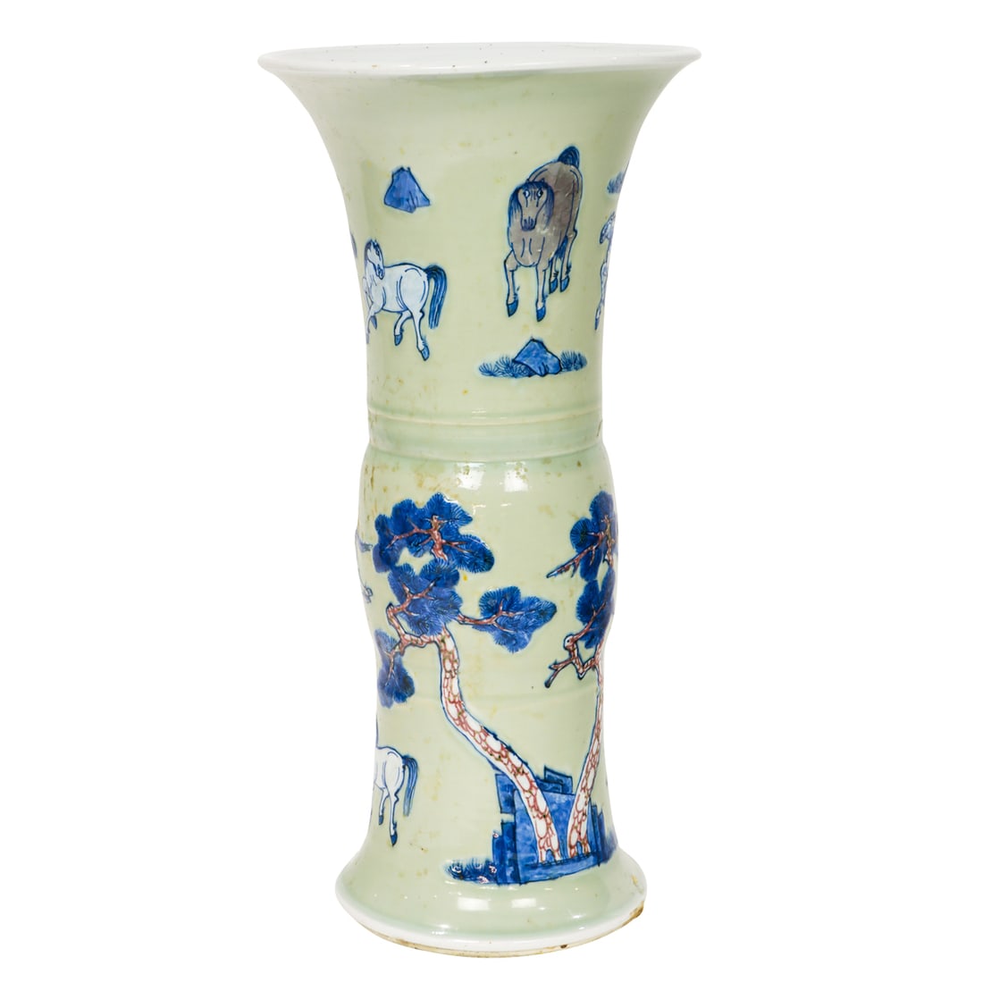 A Chinese celadon ground underglaze-blue and copper-red 'horse' gu-form vase: A Chinese celadon ground underglaze-blue and copper-red 'horse' gu-form vase. Depicting the scene of Eight Horses of Mu Wang, bearing underglaze-blue leaf mark at the bottom, Kangxi period, 17.375" hi