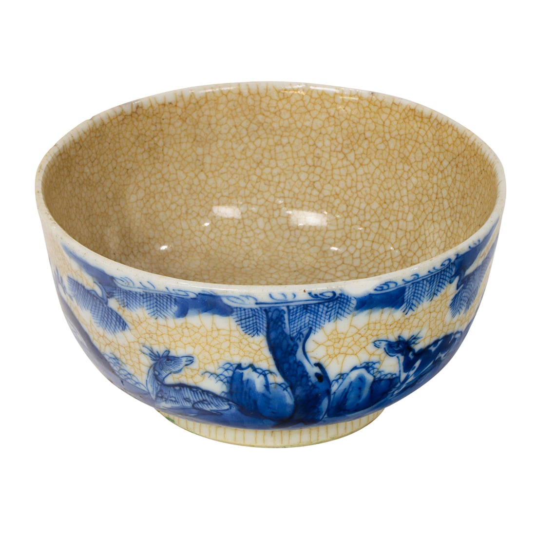 A Chinese blue and white and crackled ground bowl: A Chinese blue and white and crackled ground bowl. Depicting deer motif, bearing 'Ruoshen Zhencang' four-character mark, early 20th century, 5.25" across. Provenance: A. Burlingame Johnson (c. 1856-19