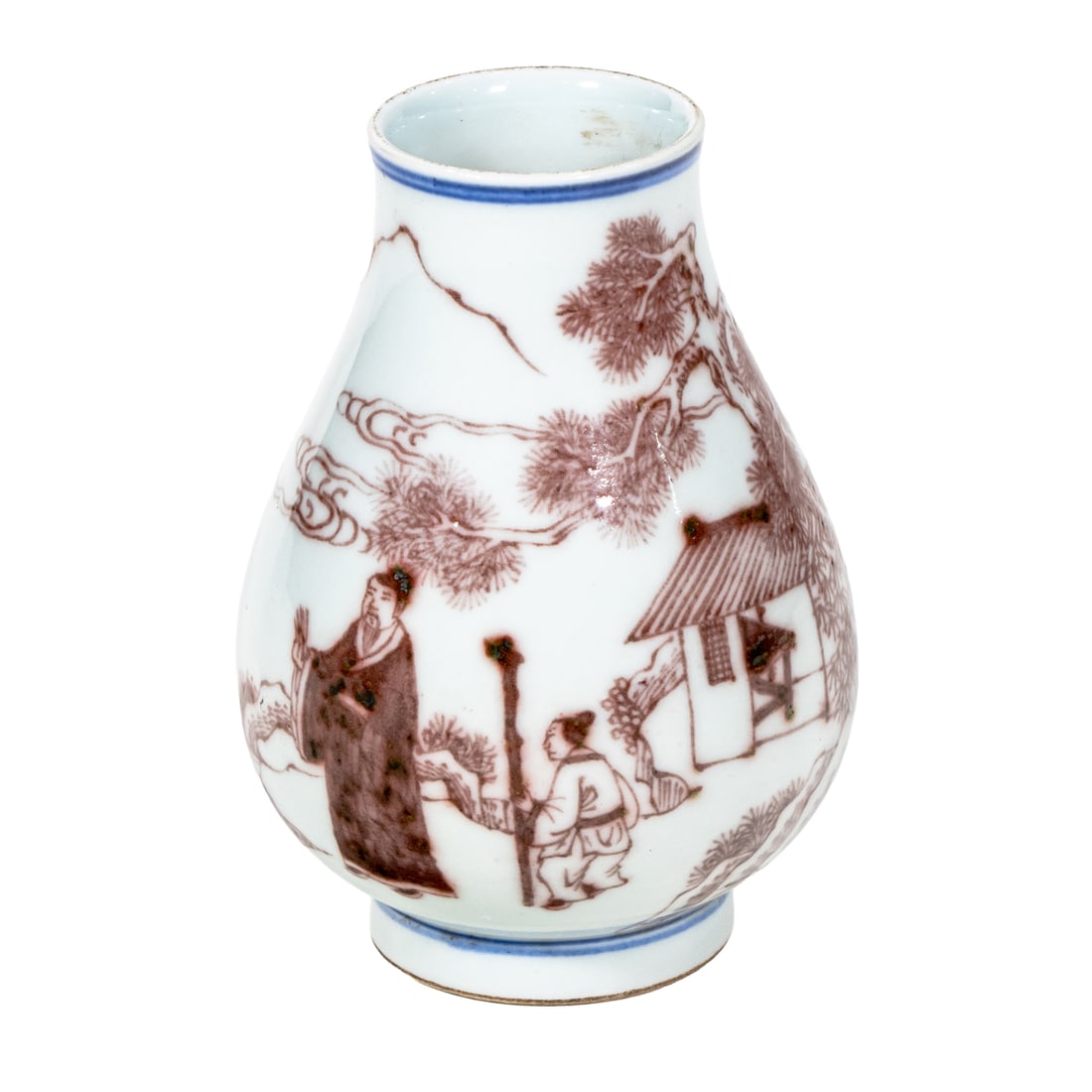 A Chinese underglaze blue and copper red vase: A Chinese underglaze blue and copper red vase. Depicting figures in landscape setting, bearing Kangxi six-character mark, 4.25" high.