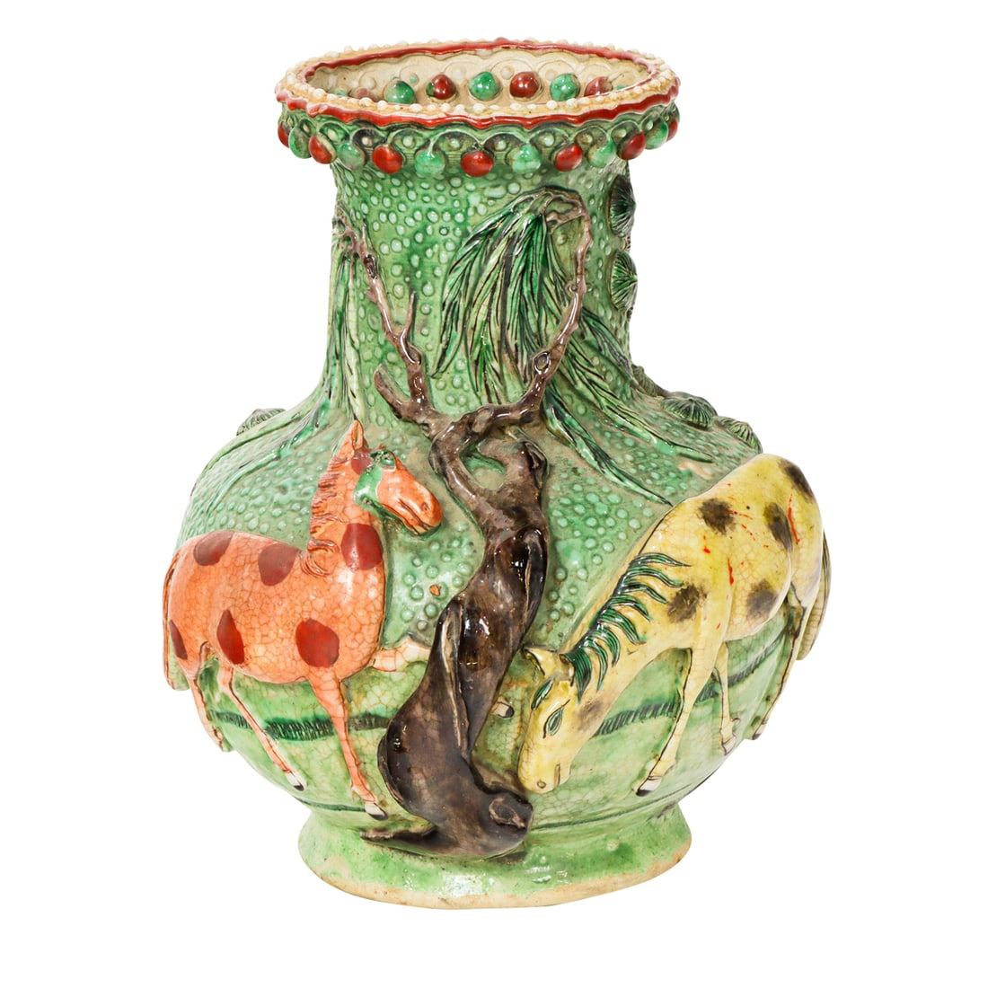 A Chinese polychrome glazed and molded 'horse' vase (1 of 4)