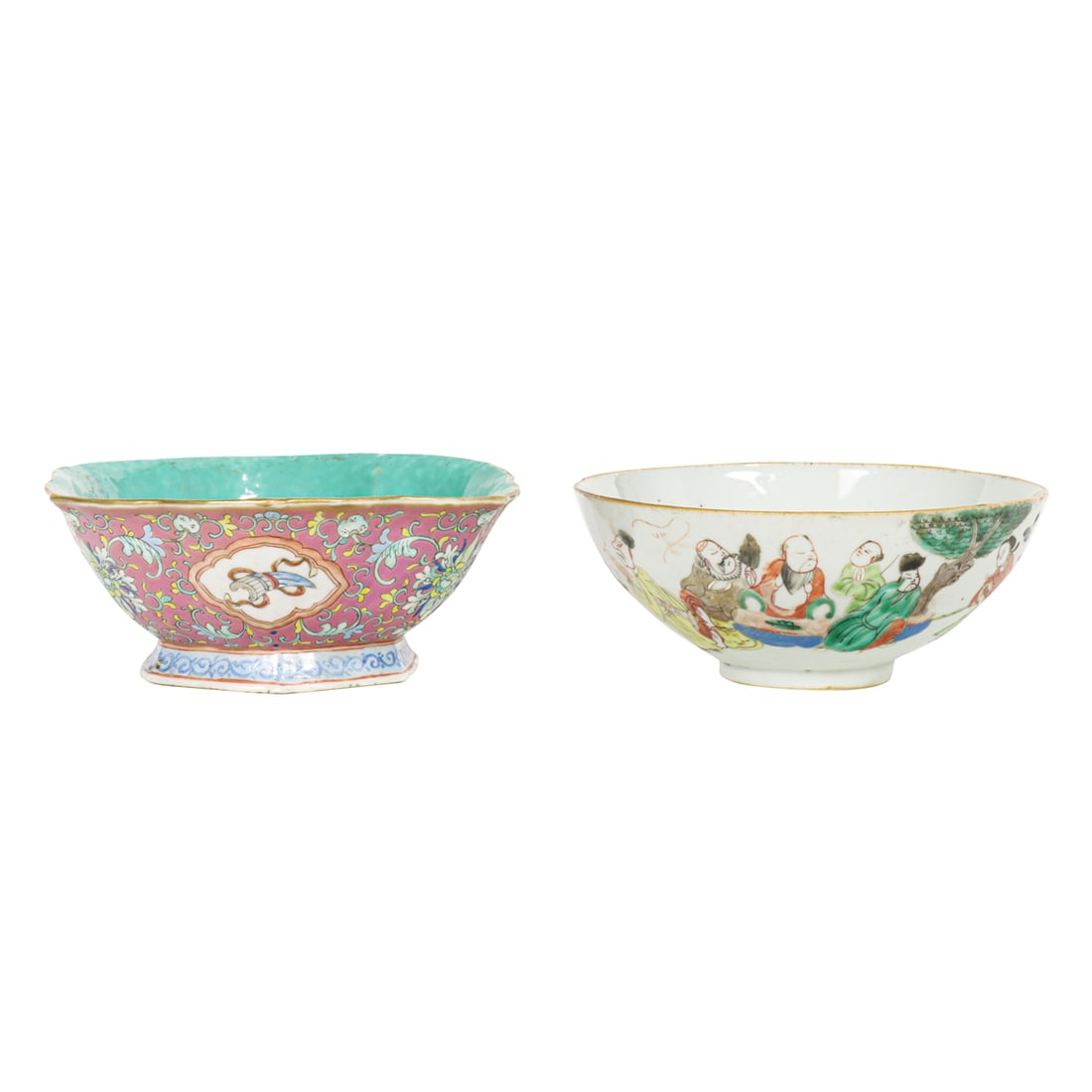 (lot of 2) Chinese famille rose bowls: (lot of 2) Chinese famille rose bowls. Featuring floral and figural motif, late Qing period, from 7.875" to 8.5" across.