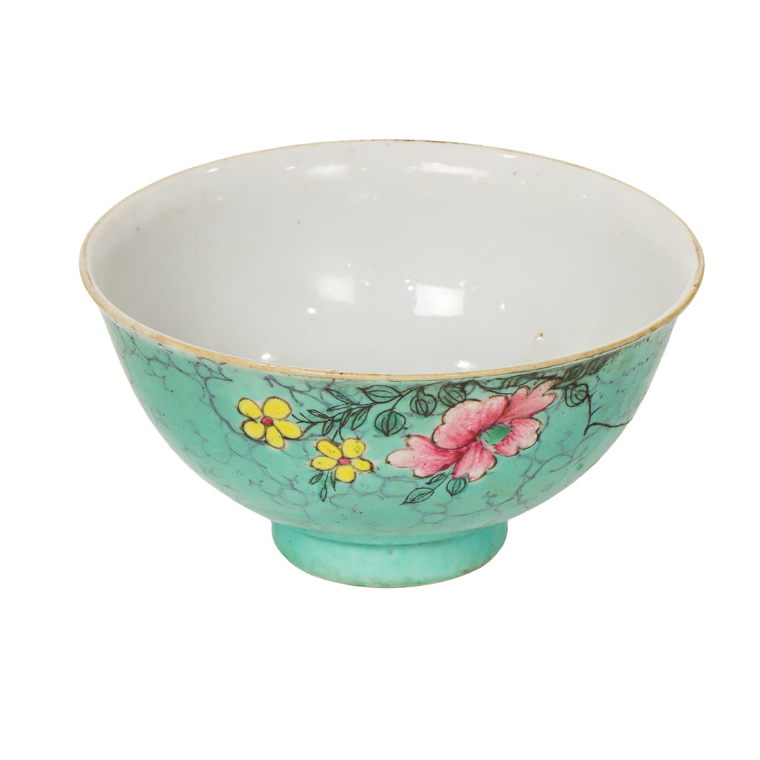 A Chinese famille rose turquoise ground bowl: A Chinese famille rose turquoise ground bowl. Featuring peony design, bearing Qianlong six-character mark, late Qing period, 4.5" across. Provenance: A. Burlingame Johnson (c. 1856-1934) collection, n